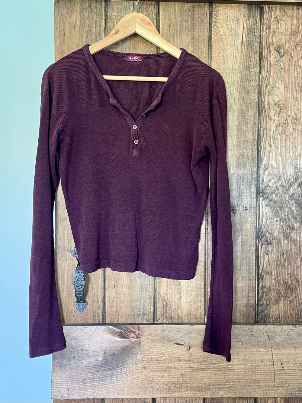 John Galt Brandy Melville Burgundy Rib Knit Henley Long Sleeve Tee One Size